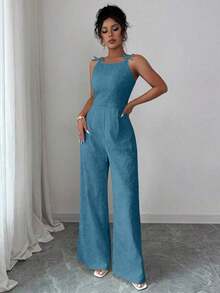 Mono elegante de mujer con decoración de lazo en el hombro, tela de jacquard, cintura ceñida, pierna ancha, adecuado para el uso diario - Agua verde azul - Ver 4