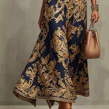 Ornate Baroque Print Sleeveless High Neck Maxi Dress, Waistband Detail, A-Line Silhouette, Formal Occasion Wear, Evening Party, Wedding Guest, Elegant, , Fashion - 藏青色 - 查看 3