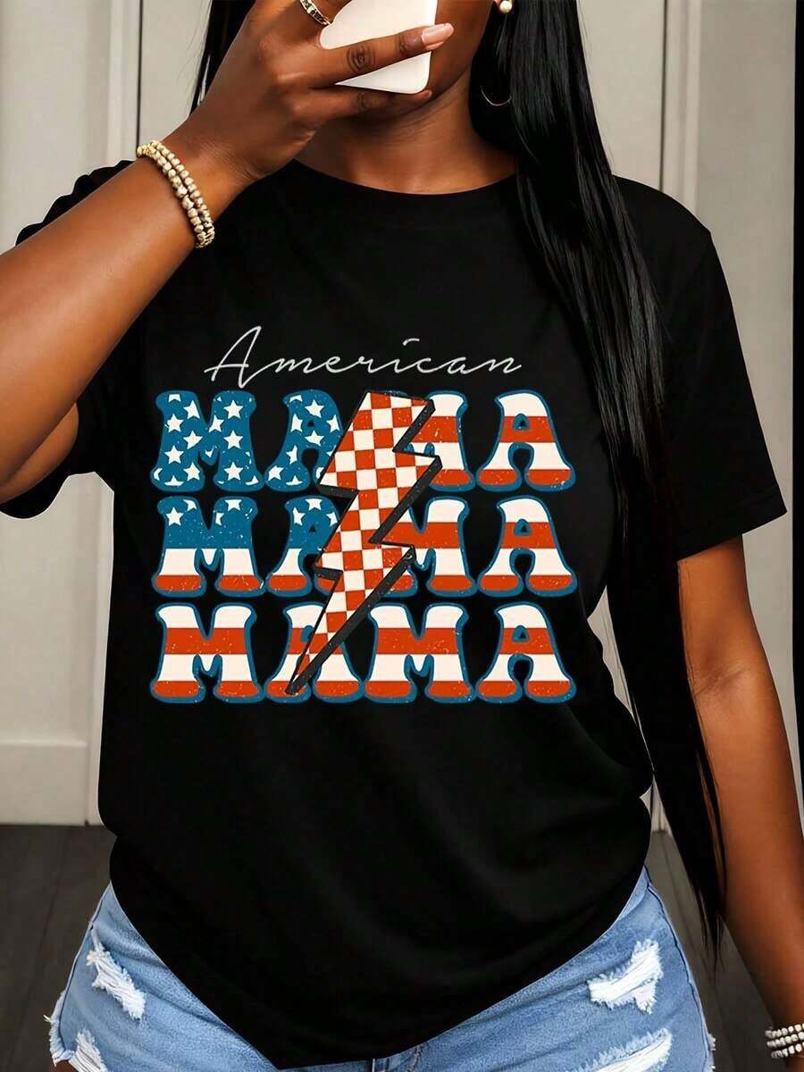 American Mama Women's T-Shirt With Patriotic US Flag And Lightning Bolt Design, Casual Summer Clothing For Women - 黑色 - 查看 1
