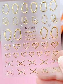 5D Embossed Rhinestone Nail Sticker, Nails, DIY Nail Decoration, Nail Stickers, Using 5D Relief Hot Stamping Technology Asymmetric Hollow Frame, Heart, Wavy Line, Cross Line Pattern, Partially Inlaid With Rhinestones, Very Suitable For Girls To Create Nail Art. Suitable For Creating Simple And High-End INS Style Nail Art, Suitable For Matte, Shiny Nails - Multicolor - View 2