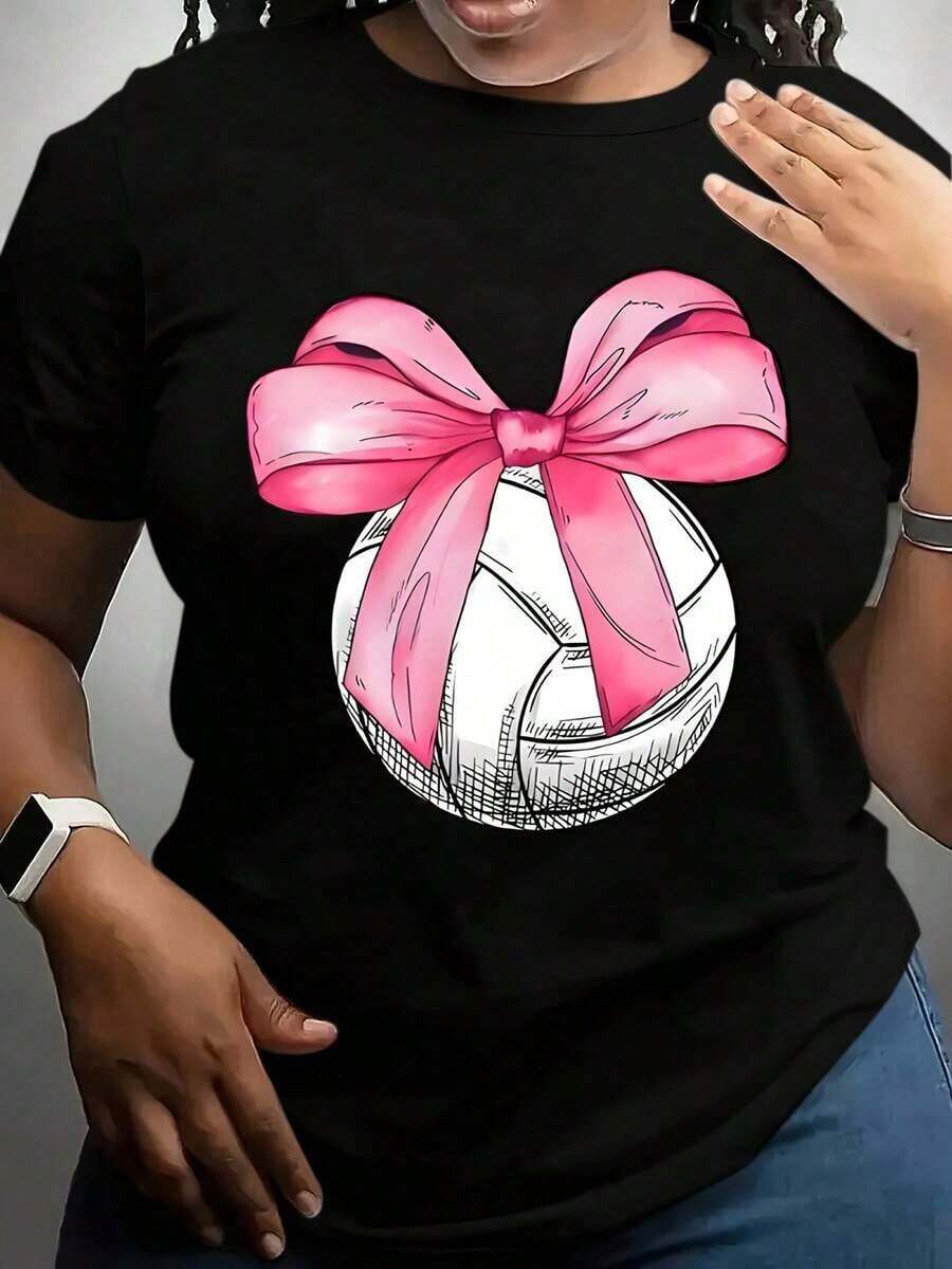 100% algodón, Camiseta de mujer, Camiseta casual de voleibol con estampado de lazo rosa para uso diario y para fanáticos de los deportes-220 - Negro - Ver 1