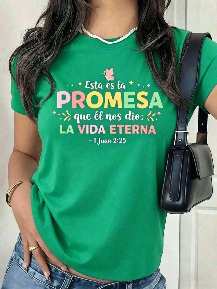 short-sleevePlayera Negra de Mujer con Versículo Bíblico "LA VIDA ETERNA", Camiseta de Fe Cristiana y Mensaje Positivo, Blusa de Estilo Inspirador y Religioso, Top Casual con Letras de Colores para Regalo Blusas Bonito 100% Cotton100% Cotton - Verde - Ver 1