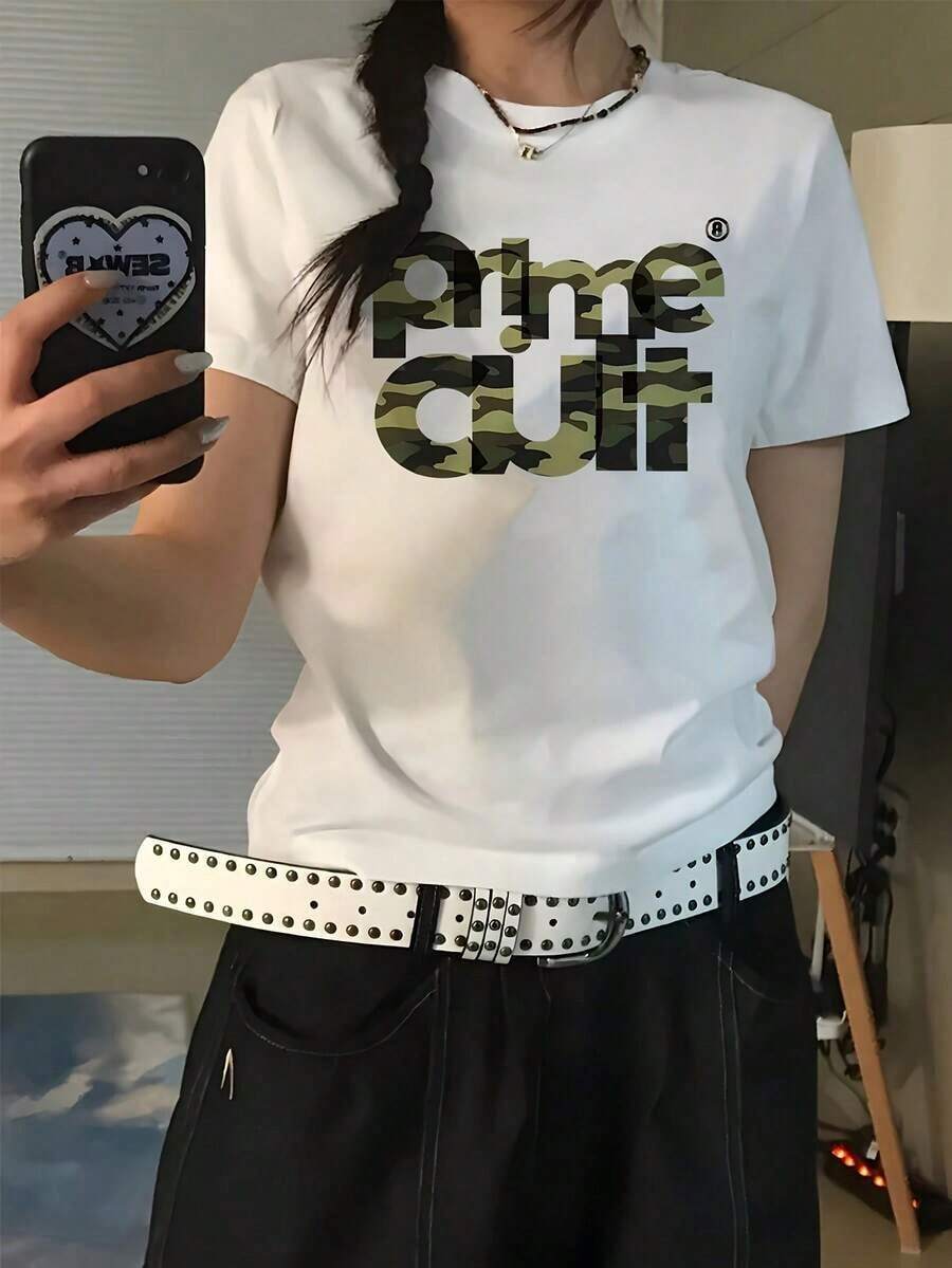 Camiseta informal de algodón con estampado para el hogar, uso diario, vacaciones de verano, Camiseta informal de manga corta con estampado de camuflaje para mujer - Top de cuello redondo con patrón geométrico de ajuste holgado para primavera, verano y otoño, solo lavar a mano, Camiseta de cuello redondo de ajuste holgado, talla grande, ropa de algodón para mujer, Top para mujer, blusas bonitas, ropa de verano para mujer, top de mujer, ropa de verano para mujer, 100% algodón, ropa bonita, tops casuales, estilos de Pascua, atuendo de Pascua para mujer, blusas para mujer - Blanco - Ver 1