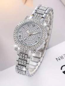 Women's Luxury Lightweight Diamond Watch Set, Including A Silver Metal Strap Roman Numeral Quartz Watch With Full Diamond Dial And Bezel, And A Minimalist Letter Charm Bracelet. The Watch Features A Fully Diamond-Encrusted Dial And Bezel Design, Paired With A Shimmering Silver Metal Strap, Exuding An Elegant And Luxurious Aura. - Silver - View 4