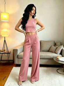 Conjunto de chaleco y pantalones a rayas casuales con cintura para mujer, adecuado para la oficina y el jardín, primavera/verano blanco elegante - Rosa - Ver 5