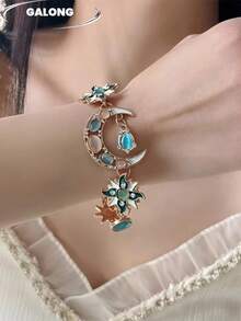 Bohemian Style Star & Moon Bracelet, Turquoise Beaded Open Bangle, Retro Peacock Stone Bracelet, Unique Design Accessories - Multicolor - View 5