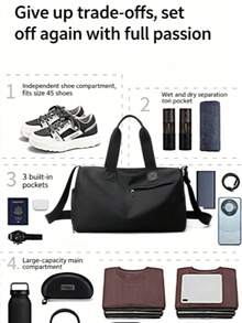 1 Túi thể thao tập gym, ngăn khô và ướt riêng biệt, túi tập luyện bơi lội cho nữ, dung tích lớn - màu đen - Xem 2
