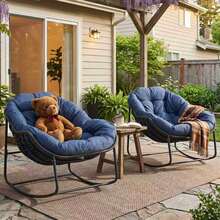Patio Rocking Chair With Padded Cushion Indoor Outdoor Comfy Papasan Rocker Chair With Upgraded Steel Frame Oversized Rattan Egg-Shaped Lounge Chair For Front Porch, Garden, Bedroom - Navy Blue - View 3