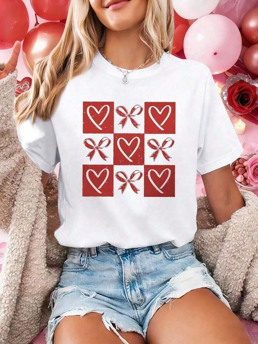 Camiseta Moderna Minimalista YK / Top con Estampado de Hoja de Arce, Camiseta con Estampado Gráfico de Corazón y Lazo de San Valentín, Top Casual de Manga Corta y Cuello Redondo para Mujer, Patrón Geométrico de Primavera/Verano, Diseño Romántico Retro, Uso Diario, Fabric06-Top Ligero de Playa / Top Casual de Verano - Blanco - Ver 1