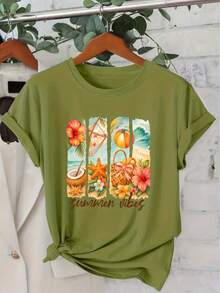Women's Short Sleeve Series "Summer Vibes" Tropical Beach Style Summer Print Round Neck Casual Daily Fashion Vintage Style Autumn Winter Casual Cool Cute Elegant Sports Top Round Neck Sizes S-XXL - 綠色軍隊 - 查看 6