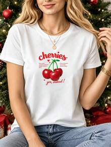 Camiseta premium para mujer con estampado de cerezas, top casual de verano, adecuada para fiestas y celebraciones, ropa de temporada, ecológica. - Blanco - Ver 5
