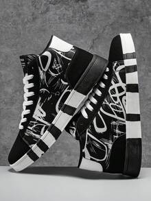 Men's Personalized Black & White Colorblock Random Graffiti Patchwork Comfortable Versatile Casual Sports Shoes - Black and White - View 7