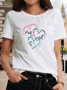 Plus Size Women's T-Shirt - Heart Print T-Shirt With Faith, Love, And Hope Lettering, Short Sleeve, Crew Neck, Casual Style, Elegant And Romantic Top, Fashionable For Work, Vacation, And Everyday Wear, Opaque Material, Machine Washable. CQ7P - 白色 - 查看 7
