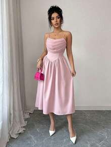Nuevo vestido de fiesta elegante y romántico de longitud media para mujer, con cuello drapeado, sin mangas y cintura ceñida - Rosa vieja - Ver 5