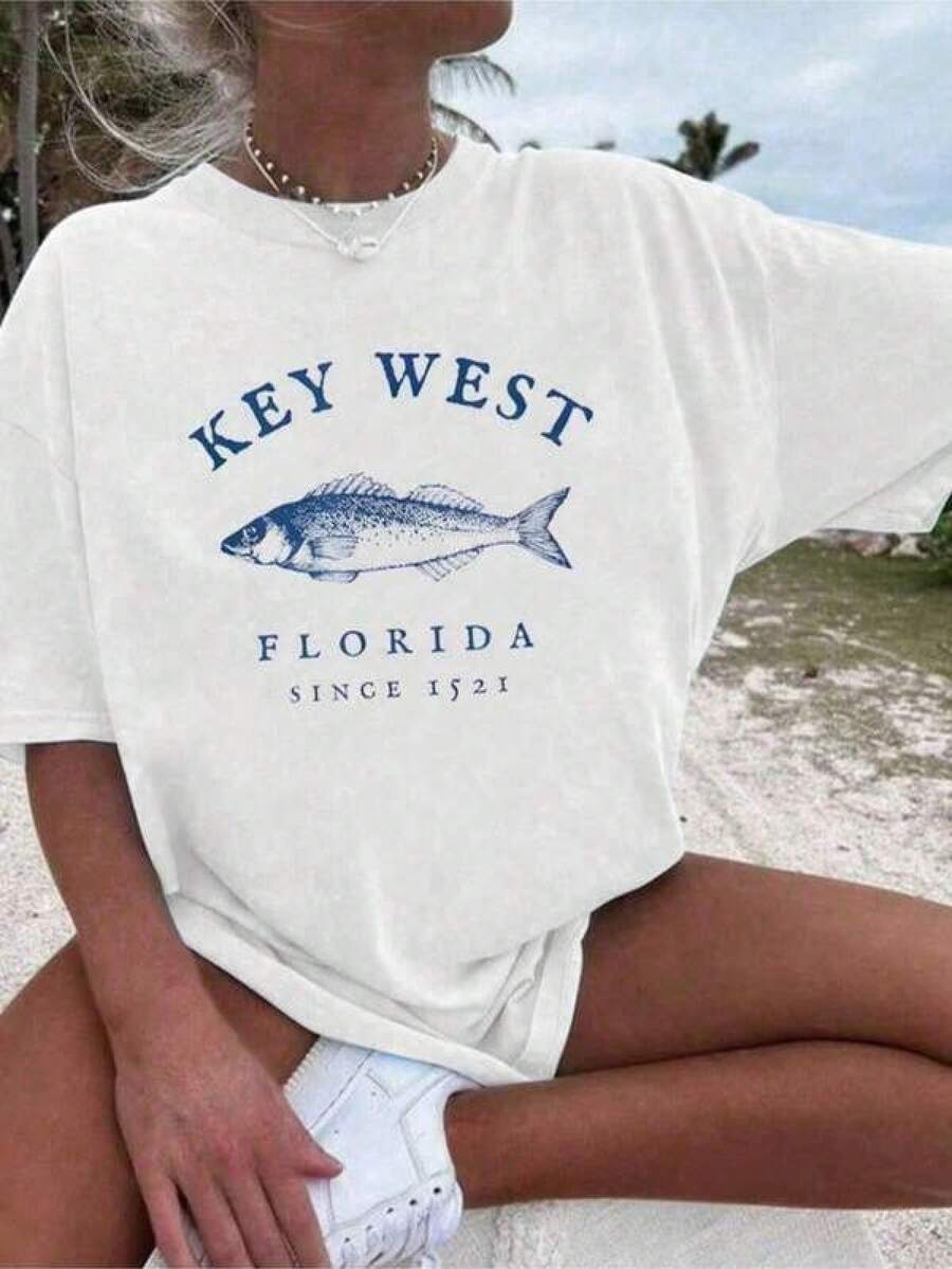 Women's Casual T-Shirt With Retro Fishing Print Pattern, Summer 100% Cotton Fish Print Round Neck ShortsPlayeras De Mujer Algodon Blusas Frescas Para El Calor Blusas Dama Playeras De Dama Playeras Mujer Blusa Blanca Playeras Basicas De Mujer Blusas Oversize Para Dama Playeras Oversize De Mujer  Y2k Mujer Verano Camisetas De Mujer Algodón Playeras Para Mujer Blusas Casuales Para Dama Envio Nacional - Blanco - Ver 1