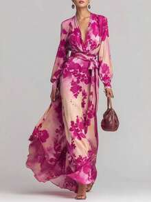 Vestido largo con estampado cuello en V manga larga diseño lazos estilo elegante - Rosa - Ver 2