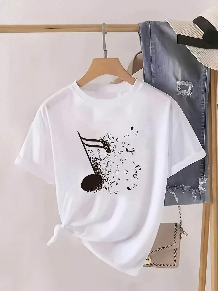 Camiseta casual de manga corta para mujer con estampado de notas musicales de gran tamaño - top de verano suave con cuello redondo, lavable a máquina y transpirable, adecuada para viajes de primavera/verano, ropa casual con temática musical, ropa para amantes de la música, top de corte holgado, tela cómoda. Traje de fiesta elegante,T-shirt para damas elegantes,Blusas adecuadas para mujeres con curvas,Faldas de graduación,Ropa casualEstampado de animales adorables ,Estampado de letras divertidas - Blanco - Ver 1