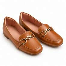 Women's Square Toe Loafer With Chain Detail, Comfortable Casual Style - Camel - View 2