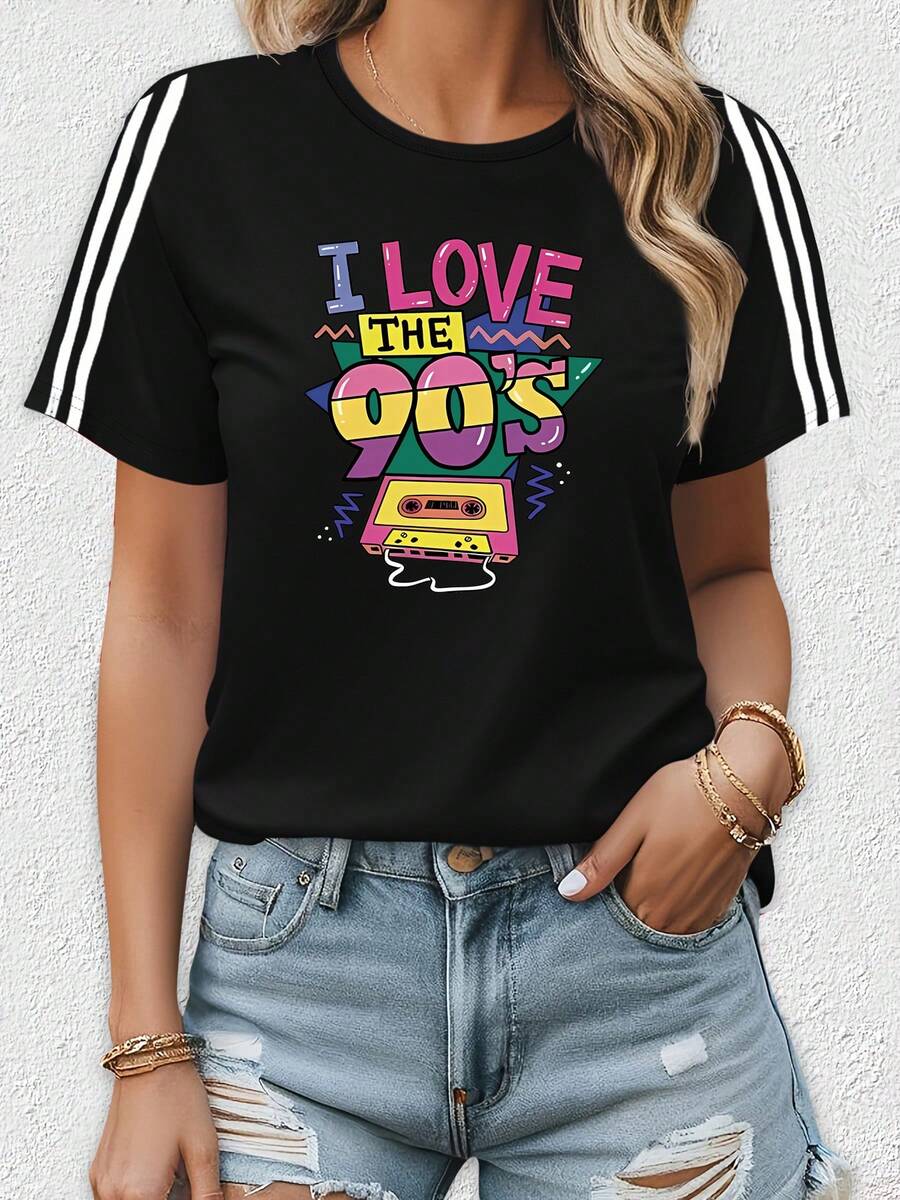 ME ENCANTA LA CAMISETA CON ESTAMPADO DE ESTILO VINTAGE DE LOS 90S, CAMISETA CON ESTAMPADO DE LETRAS, CAMISETA DE MANGA CORTA CON CUELLO REDONDO PARA MUJERES, TOP CASUAL PARA MUJERES, ROPA CA - Negro - Ver 1
