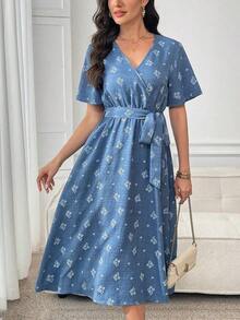 Vestido casual de vacaciones con estampado de plantas y manga corta para mujer - Multicolor - Ver 5