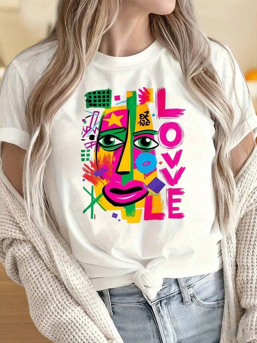 Women's And Men's Round Neck Short Sleeve T-Shirts, Colorful T-Shirt With Abstract Face And Heart Design, Fashionable Artistic Graphic T-Shirt For Women, Casual Wear, Fun Prints Ideal For Christmas Parties, Sports Activities, Holiday Parties, Outings, Sports And Other Festive Gifts. - 白色 - 查看 1