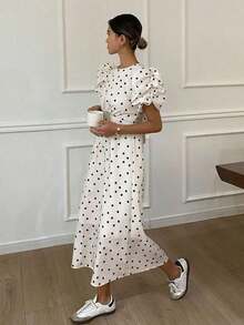 Vestido de verano para mujer con estampado de lunares, cuello redondo y manga corta - Blanco - Ver 4