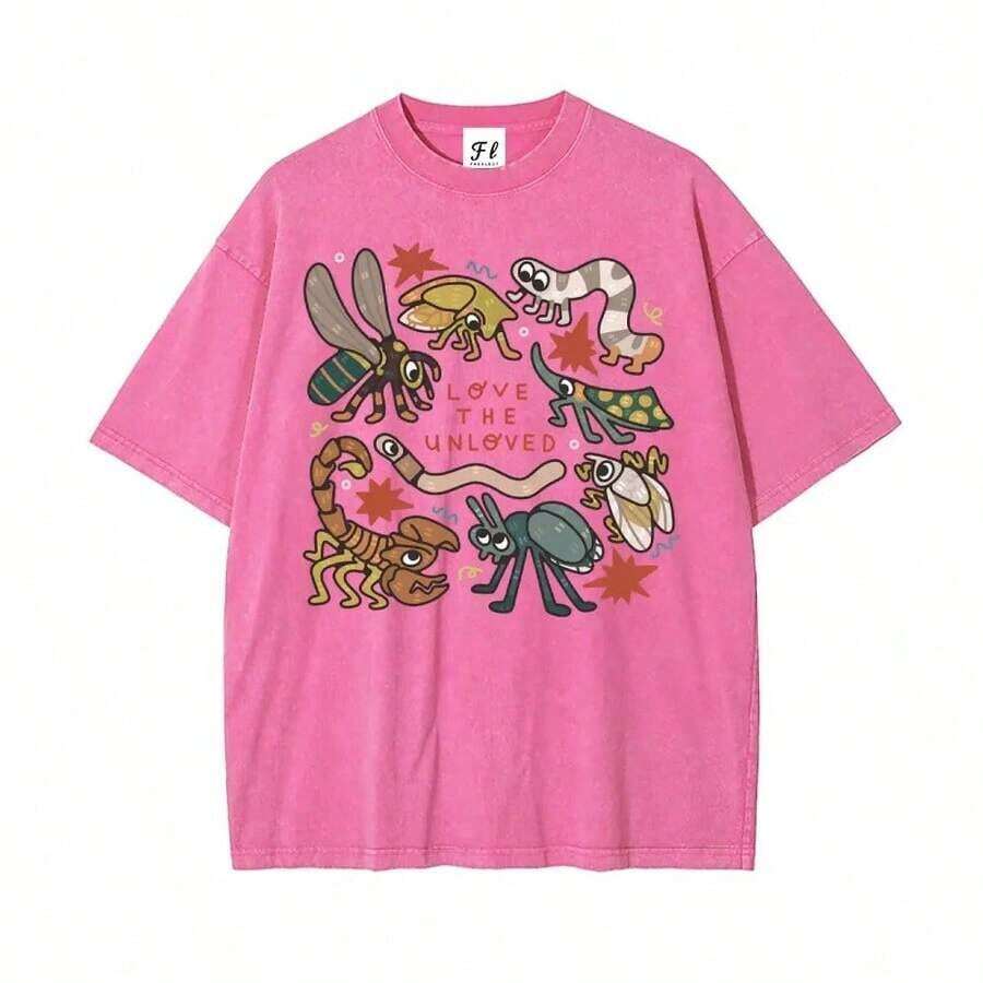 "Love The Unloved Insect Lover" T-Shirt, Sizes S-5XL, Oversize Unisex, Washed T-Shirt For Women And Men, Unisex Cut, Batik Cotton, Oversize Urban Clothing For Men, Super Soft, Pre-Shrunk. - 粉色 - 查看 1
