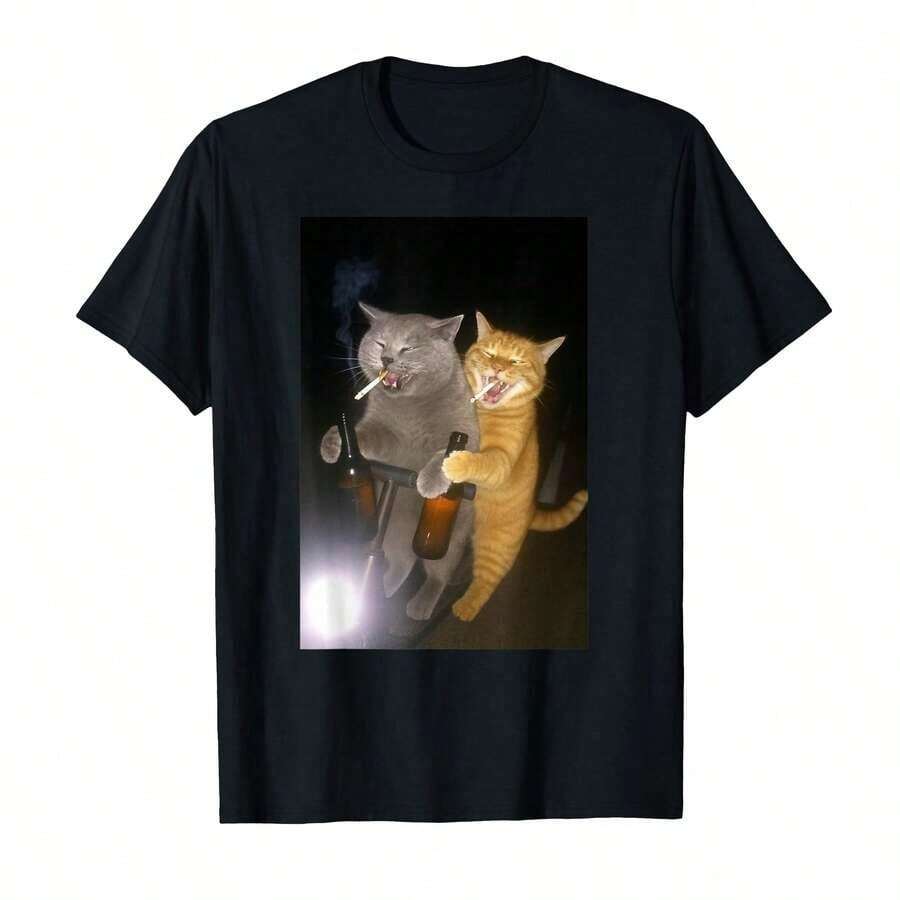 1 Calm Cat Print T-Shirt, High Quality Printed Cotton T-Shirt, Retro Style, Men's T-Shirt, Summer T-Shirt, Beach Essential, Holiday Gift, Perfect Unisex Gift, Soft, Breathable, Comfortable Fabric, Casual And Fashionable Short Sleeve T-Shirt, Perfect For All Seasons. - 黑色 6 - 查看 1