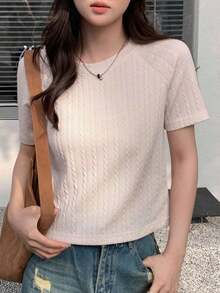 Designer Camiseta de manga raglán de unicolor para mujer, tops de estilo universitario para el verano - Albaricoque - Ver 7