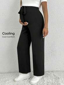 Pantalones anchos para mujer embarazada con detalle de nudo en la cintura, de unicolor y corte suelto - Negro - Ver 6
