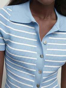 Suéter de punto con botones a rayas y cuello de solapa para mujer, blusa de punto para el trayecto urbano, atuendo casual de negocios, ropa elegante para mujer para la oficina, polo de vestir casual para mujer, blusas de verano para mujer - Azul - Ver 2