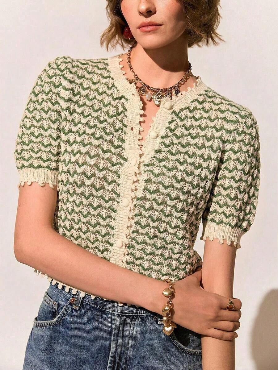 Nueva llegada Primavera/Verano Blusa de punto de manga corta con estampado de rayas retro francés, patchwork y calado para mujeres - Verde - Ver 1