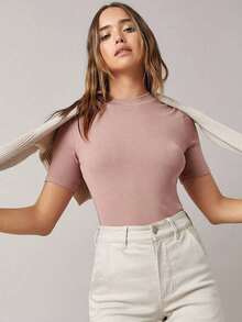 BASICS Top tejido de canalé de cuello alto - Rosa vieja - Ver 1