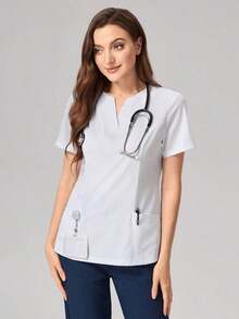 Top de uniforme de enfermería/pijama médica de manga corta, cuello con escote en pico, ajustado, de unicolor.Blusa de enfermera con 2 bolsillos, cruzada, con pantalones de pijama médica, batas de laboratorio, ropa exterior de pijama médica, ropa d - Blanco - Ver 5