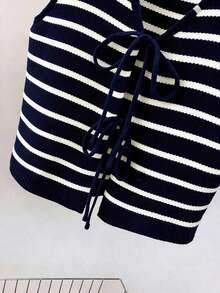 Chaleco de punto con rayas y nudo para mujer, de estilo casual - azul real - Ver 4
