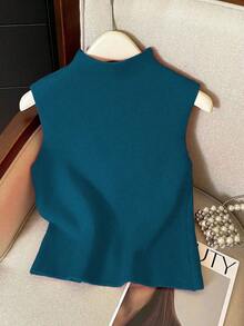 Suéter de mujer de punto con cuello alto, sin mangas, diseño de botones, suelto y casual, color rojo, para primavera/otoño - Agua verde azul - Ver 2