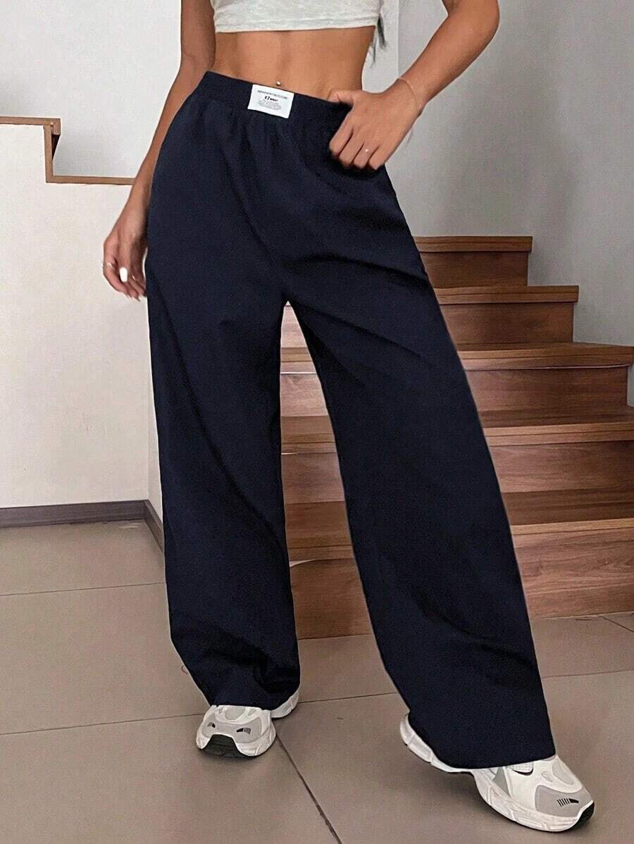 Pantalones rectos y sueltos de pierna ancha de color negro con estampado tipo zhanga para vacaciones de primavera y verano - Azul marino - Ver 1