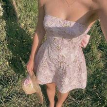 guang zhou mi qian shang mao  Vestido de línea A con escote bustier, bajo asimétrico y decoración de lazo en estilo jacquard rosa vintage, adecuado para fiestas, cumpleaños, banquetes, fiestas de jardín, bodas, despedidas de soltera, tardes de té, fiestas de cócteles, fiestas rosas - Rosa - Ver 5