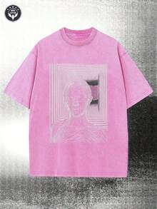 Camiseta de hombre de 230g, lavada, con estampado artístico de líneas, de algodón de alta calidad con estampado de cera, casual para todas las estaciones, regalo perfecto para la calle o actividades al aire libre, festivales. |   Diseño Exquisito |     Suelto y cómodo |     Fácil de Combinar | - Rosa Fucsia - Ver 5