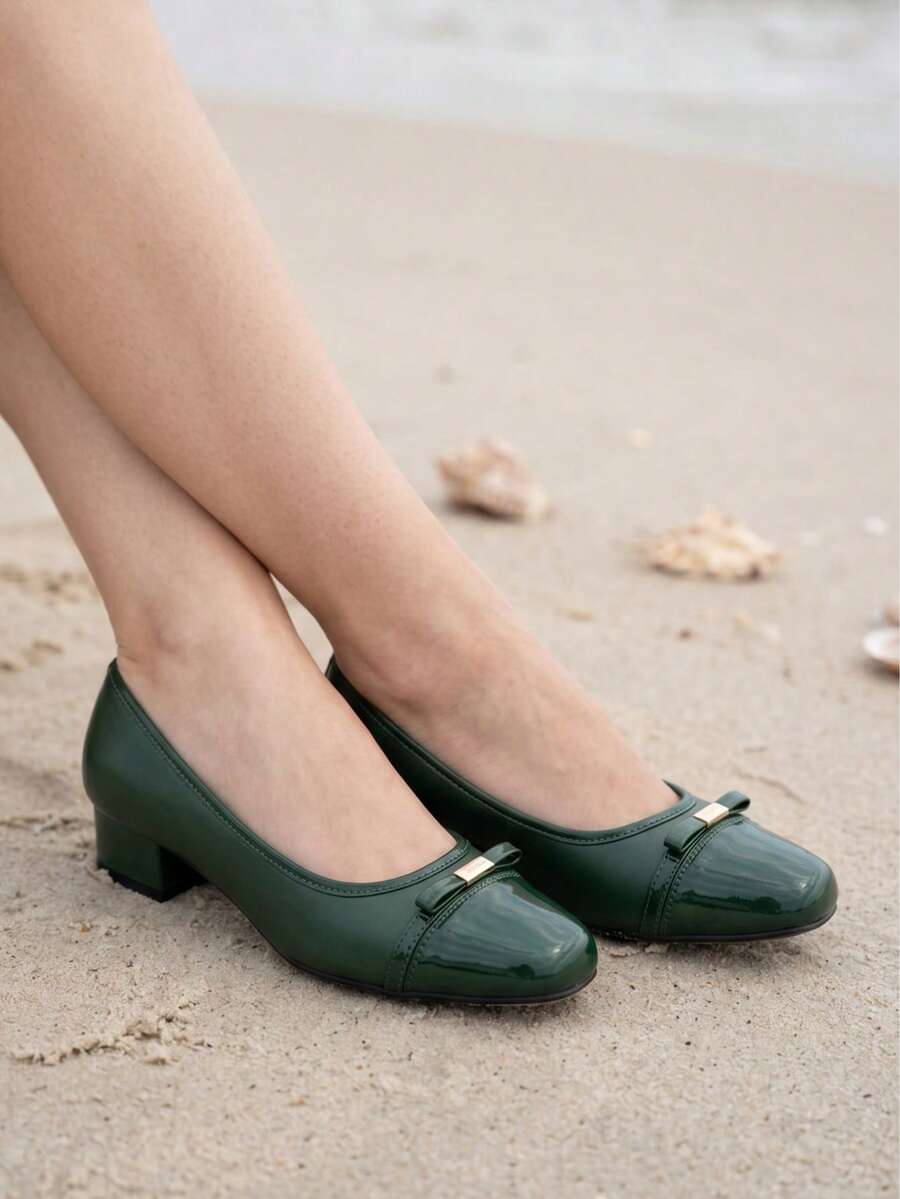 Square Toe Low Heel Fashionable & Comfortable Women's Pumps, PU Leather, Suitable For Commuting, Parties, Weddings, All Seasons - Green - View 1