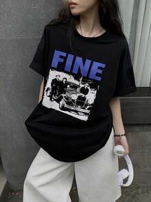Camiseta casual y holgada de mujer con estampado de letras y bloques de color, camiseta gráfica de verano con diseño oversize, parte superior estilo preppy - Negro - Ver 5