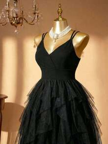 Rometta Vestido largo negro para mujer, vestido de gala formal con cuello en V, combinación de malla y punto de camisa con cintura alta, estilo elegante, tallas grandes - Negro - Ver 3