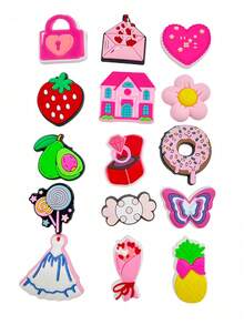 10pcs Random Pink Mix Series, Love, Flowers, Fruits, Strawberries And Other Shoe Ornaments, Suitable For Clogs, Bubble Slippers, Sandals, Etc., PVC Material, Beach Bag Accessories, Birthday, Christmas, Valentine's Day, Halloween Gift Ideas, Party Gifts - Multicolor - View 4