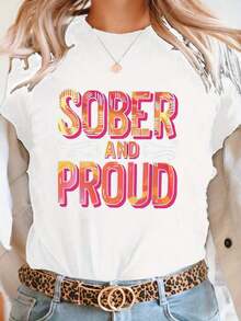 SOBER & PROUD Women's Short Sleeve Crew Neck T-Shirt - Bright Geometric Pattern, Medium Stretch Casual Top, Machine Washable Comfortable For All Seasons, Women's Soft Fabric T-Shirt - Vintage Street Style Unisex Loose Cotton Short Sleeve Crew Neck T-Shirt Summer Cool Summer Clothes For Women - 白色 - 查看 5