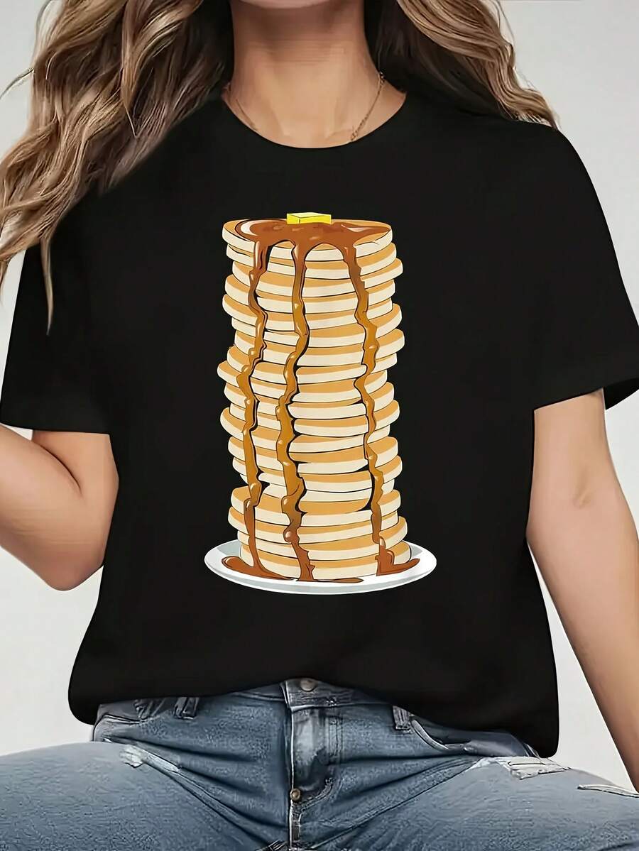 Top casual para vacaciones de verano, camiseta casual de manga corta con cuello redondo, estampado con diseño, muy adecuada para verano y primavera, diseñada para mujeres. - Negro - Ver 1