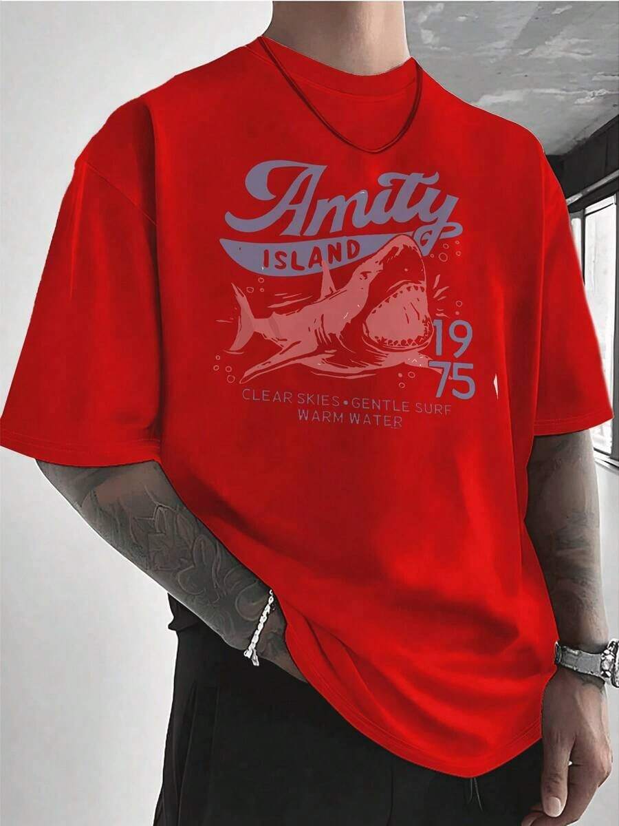 Camiseta de hombre PAYEAH Jaws Shark (pieza única) 100% algodón, camiseta de algodón grueso 100% algodón - Rojo - Ver 1