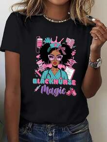 Camiseta de Talla para Mujer con Estampado de Enfermera - Diseño temático con estampados de estetoscopio y jeringa, camiseta holgada de manga corta, cómoda y con cuello redondo, adecuada para profesionales de la enfermería y medicina, se puede usar durante todo el año - Camiseta Unisex de Estilo Urbano Vintage, de Algodón, Manga Corta y Cuello Redondo. - Negro - Ver 6