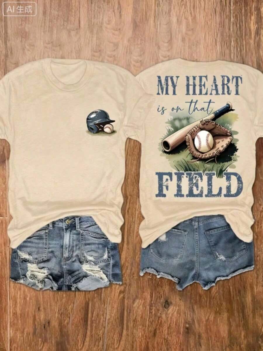 Nueva llegada 2026: Camiseta de mujer 100% algodón con estampado "Baseball Mom", suave y transpirable, de cuello redondo, para otoño e invierno, estilo Y2K Millennium, moda urbana, que absorbe la humedad, ropa casual, adecuada para celebraciones y fiestas, atuendo festivo. Camiseta de Mujer de Uso Diario, 100% Algodón, Tejido Suave y Transpirable, con Estampado Gráfico - Albaricoque - Ver 1