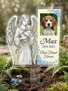 1pc Custom Photo Pet Memorial Acrylic Stake, Personalized Text Pet Grave Marker, Customizable Name & Date Dog Memorial Ornament, Angel Holding Dog Sketch Design With Forget-Me-Not Floral Border - Baby Blue - View 2