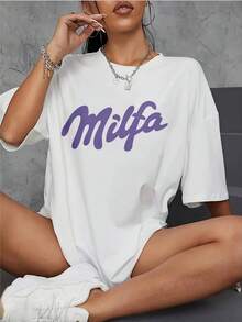 Camiseta de mujer de primavera y verano con estampado de letras moradas y diseño impreso, multifuncional, de cuello redondo y manga corta, cómoda y práctica, precio asequible, nuevo producto lanzado - Blanco - Ver 1